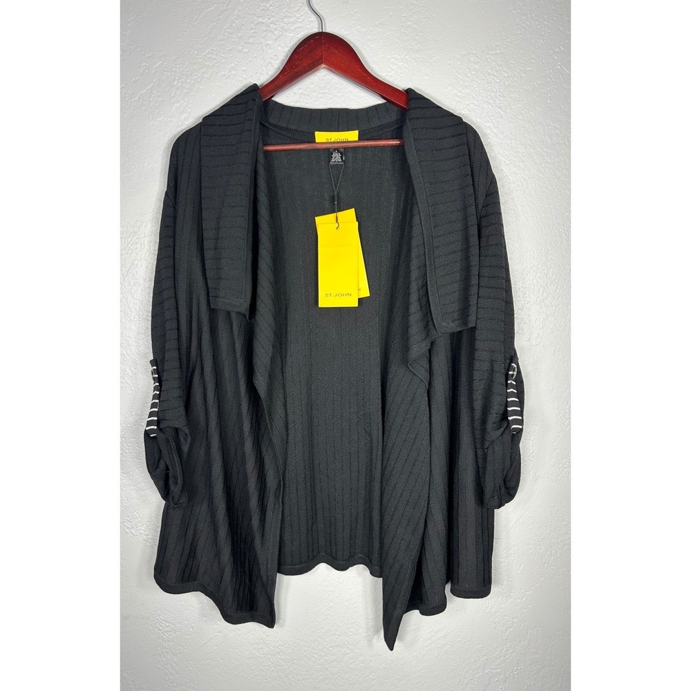 NEW St. John Santana Knit Draped Open Front Cardigan Women's Black Designer USA